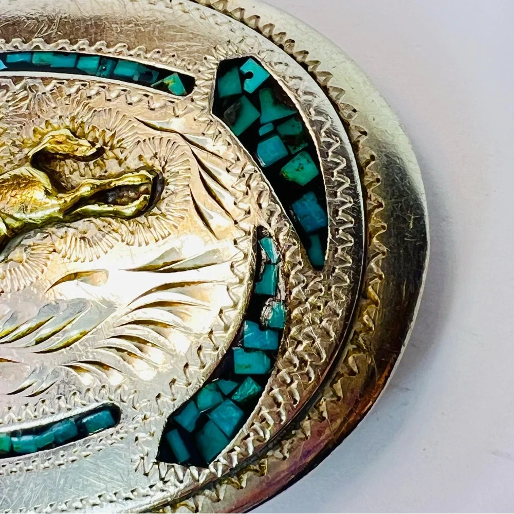 Vintage Native Turquoise Inlay Nickel Silver Bucking Bronco Belt Buckle Western